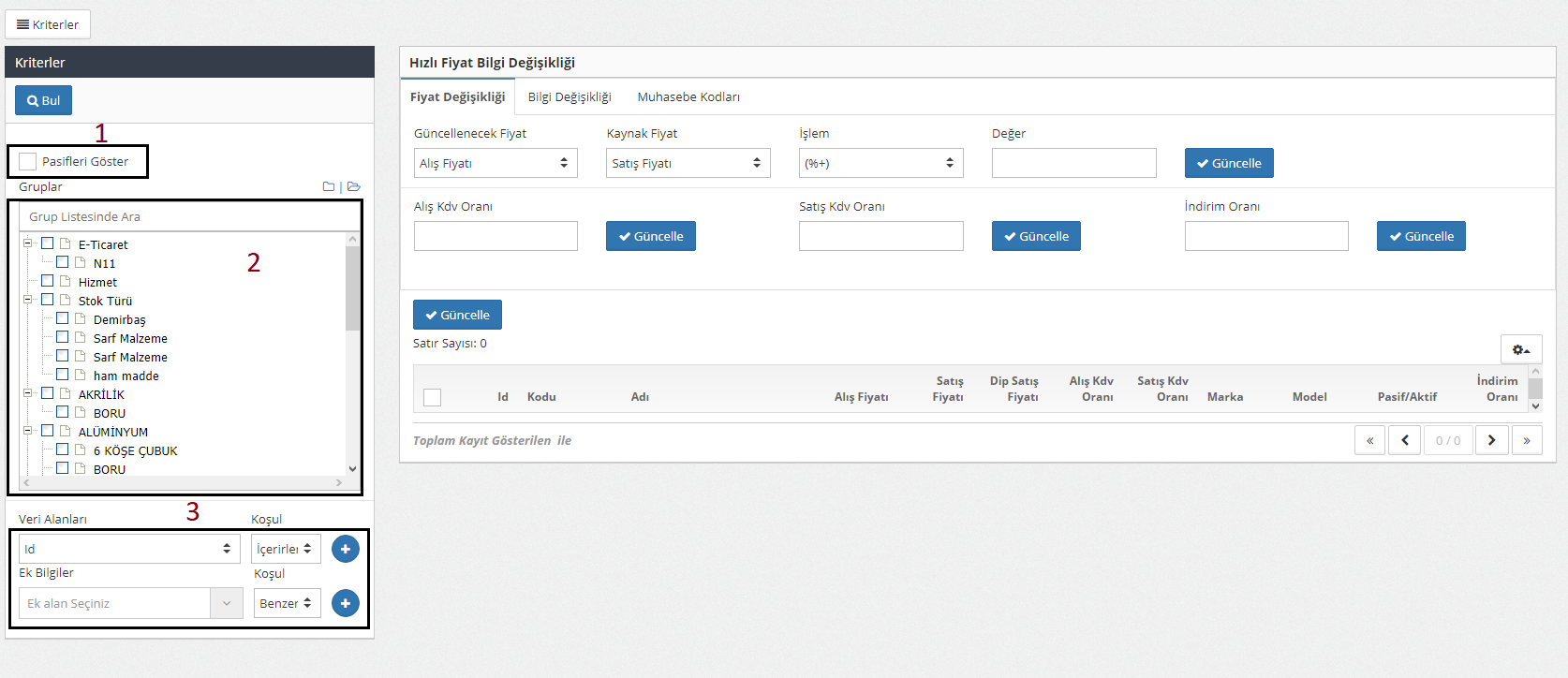 fiyat bilgi değişikliği